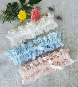 Set of 3 Garters: Blue, blush & Antique White Lace